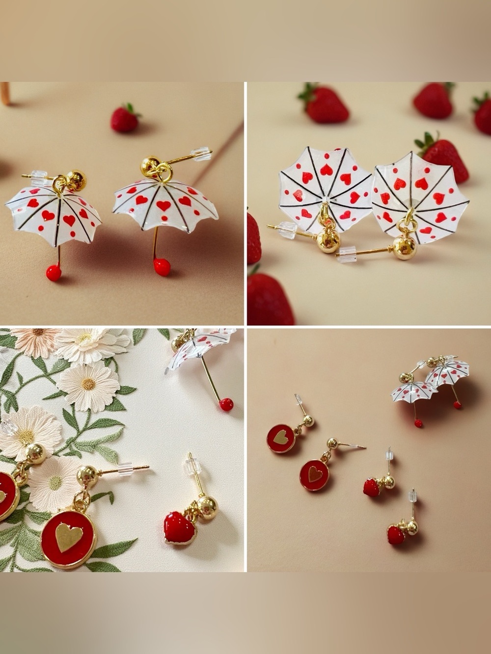 Teeny Tiny Umbrella Gold-Tone Red Hearts and Hearts Drop Earring Set of 3 - Picture 15 of 16